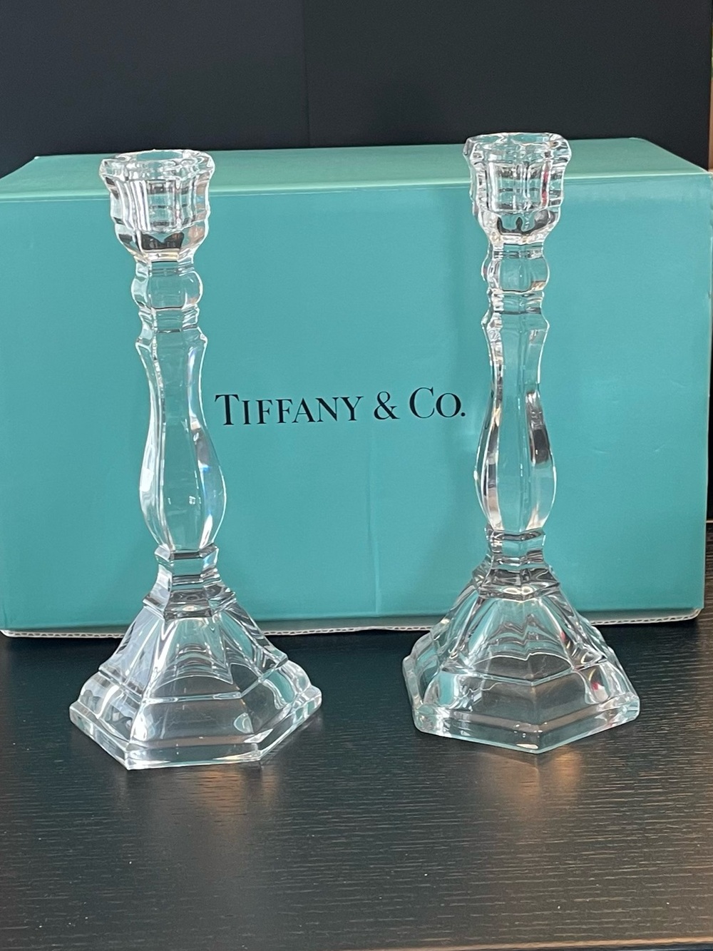 Tiffany & Co. Clear Crystal Pair of Hampton Candlesticks with Tiffany Blue Box